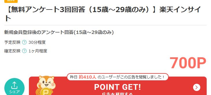 モッピーに掲載された楽天インサイトの無料アンケート案件。15歳から29歳対象で700Pと表示された確認画面