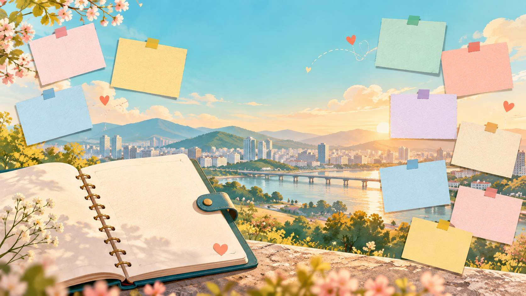 今日好きスウォン編メンバー一覧のイメージイラスト。旅のノートとカラフルなメモ