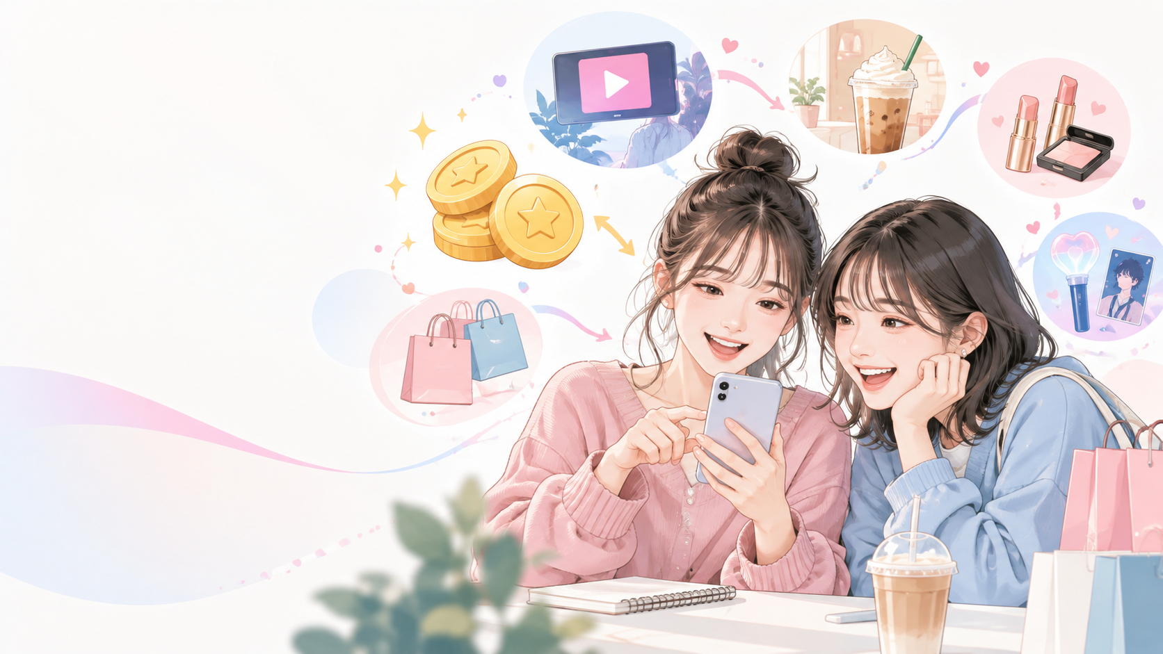 スマホでポイ活をし、動画視聴やカフェ、コスメ、買い物、推し活にポイントを使うイメージ
