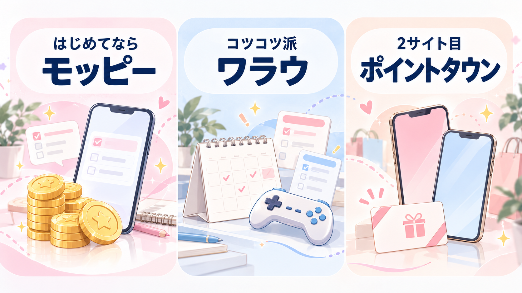 学生向けポイントサイトの選び方。初めてならモッピー、コツコツ派はワラウ、2サイト目はポイントタウン