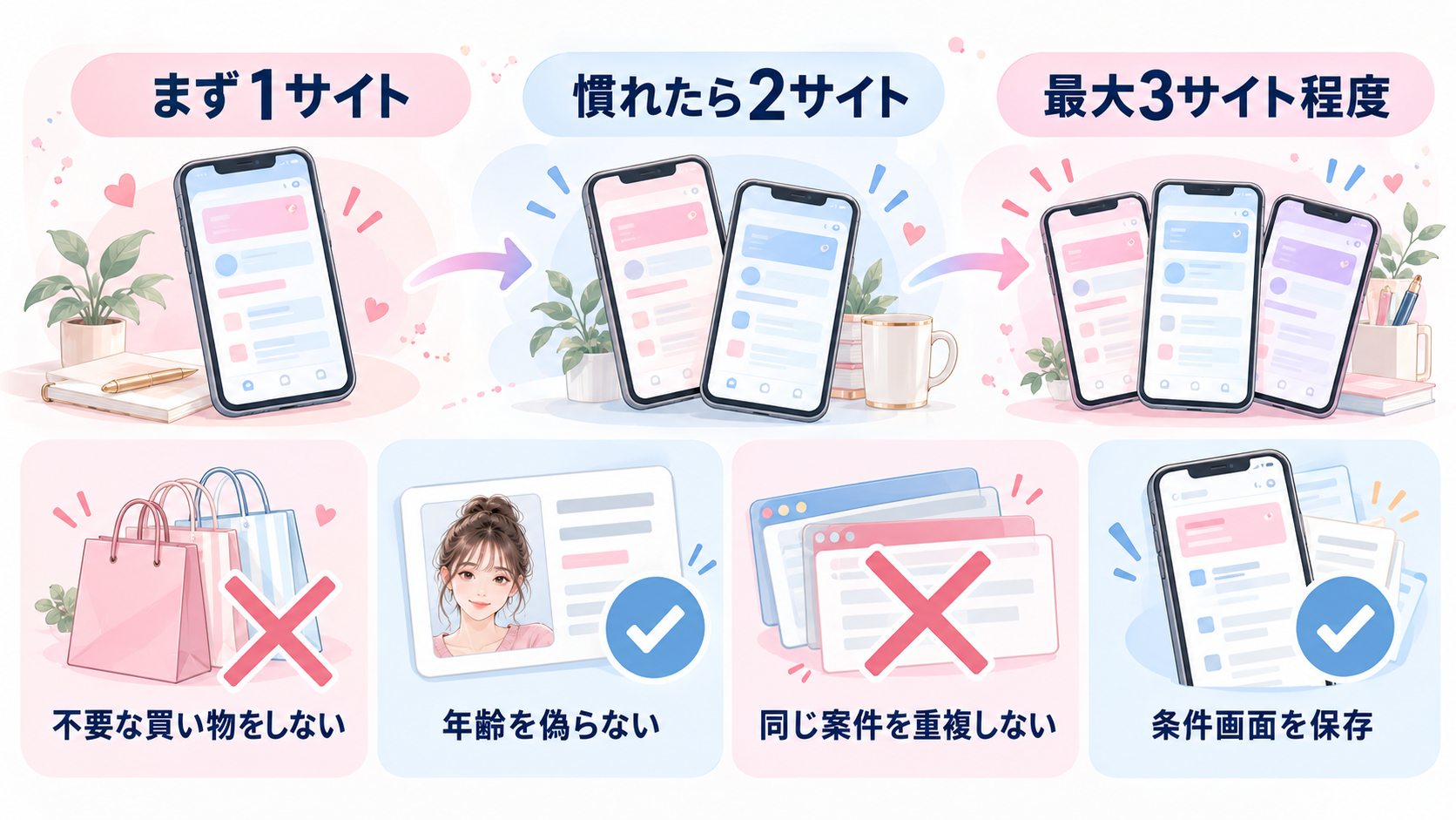 ポイントサイトはまず1サイト、慣れたら2サイト、最大3サイト程度。不要な買い物、年齢の虚偽、同じ案件の重複を避け、条件画面を保存する